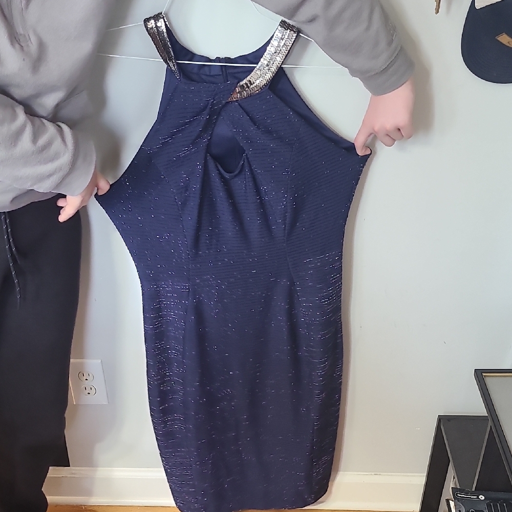 Jax Elegant Navy Blue Dress with Keyhole Front Silver Metal Accents Size 12